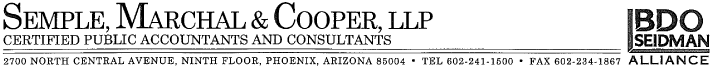 (SEMPLE, MARCHAL & COOPER, LLP LETTERHEAD)