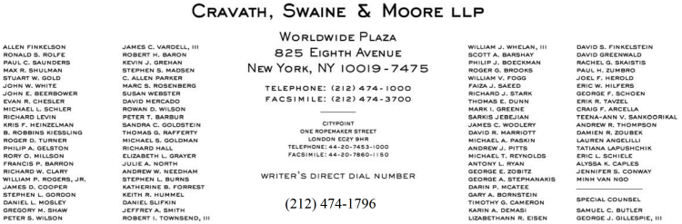 (CRAVATH SWAINE & MOORE LLP LETTERHEAD)