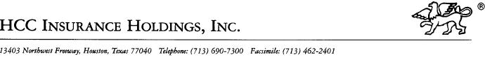 (HCC Insurance Holdings Letterhead and Logo)