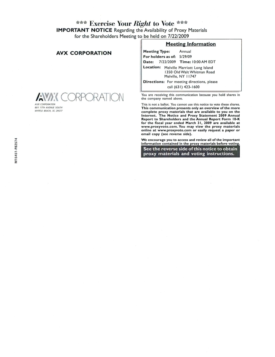 AVX Corporation Notice Page 1