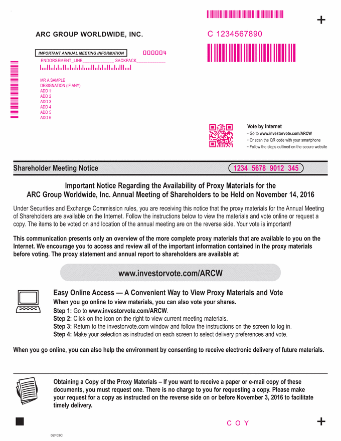 02F03C_ARC_Group_Worldwide_Notice_09-16-16 Shareholder meeting notice