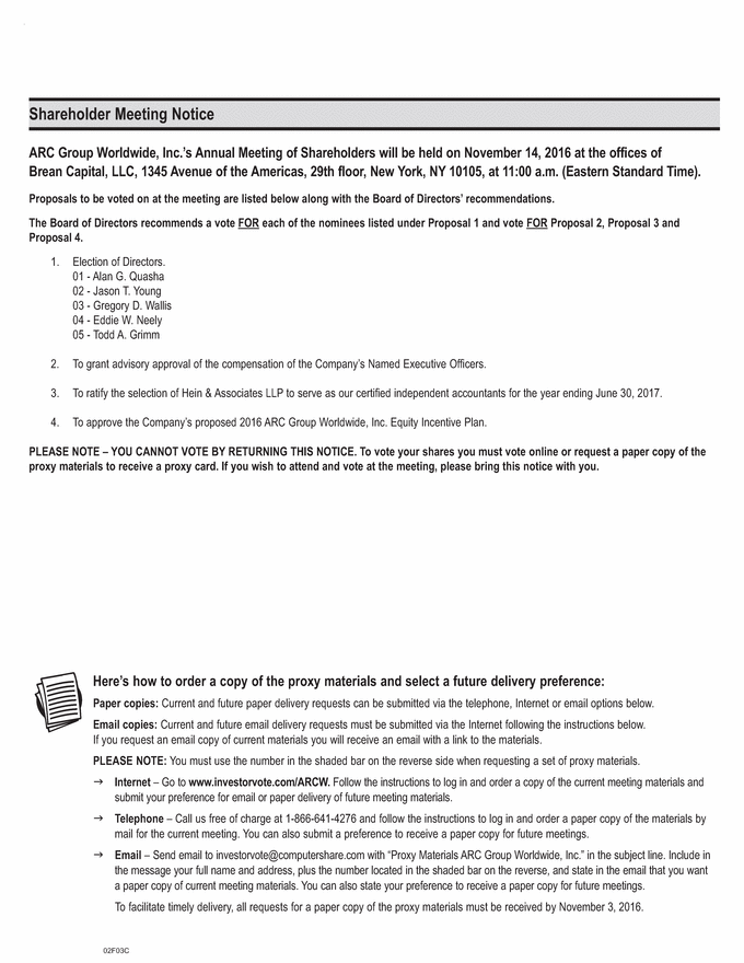 02F03C_ARC_Group_Worldwide_Notice_09-16-16 Shareholder meeting notice