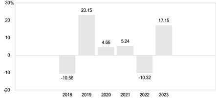 PerformanceBarChartData(2018:-10.56,2019:23.15,2020:4.66,2021:5.24,2022:-10.32,2023:17.15)