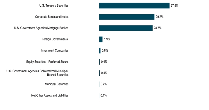 HoldingsByInvestmentTypeData(Net Other Assets and Liabilities:0.1,Municipal Securities:0.2,U.S. Government Agencies Collateralized Municipal-Backed Securities:0.4,Equity Securities - Preferred Stocks:0.4,Investment Companies:0.8,Foreign Governmental:1.9,U.S. Government Agencies Mortgage-Backed:28.7,Corporate Bonds and Notes:29.7,U.S. Treasury Securities:37.8)