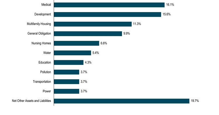 HoldingsByIndustrySectorData(Net Other Assets and Liabilities:19.7,Power:3.7,Transportation:3.7,Pollution:3.7,Education:4.3,Water:5.4,Nursing Homes:6.6,General Obligation:9.9,Multifamily Housing:11.3,Development:15.6,Medical:16.1)