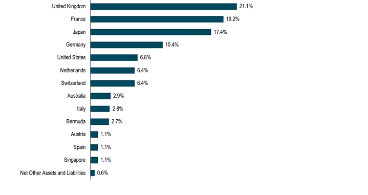 HoldingsByGeographicalRegionData(Net Other Assets and Liabilities:0.6,Singapore:1.1,Spain:1.1,Austria:1.1,Bermuda:2.7,Italy:2.8,Australia:2.9,Switzerland:6.4,Netherlands:6.4,United States:6.8,Germany:10.4,Japan:17.4,France:19.2,United Kingdom:21.1)