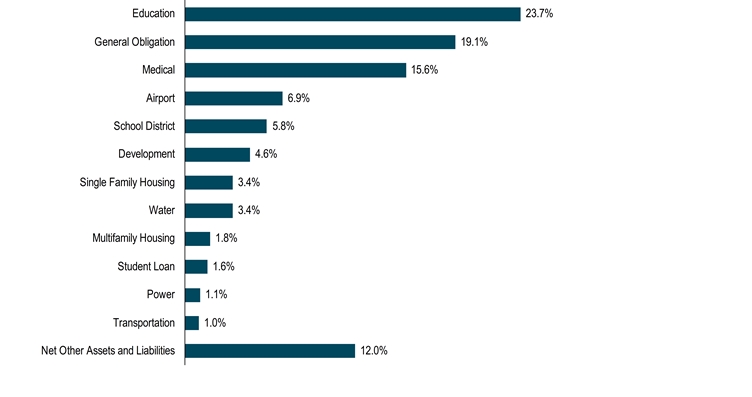 HoldingsByIndustrySectorData(Net Other Assets and Liabilities:12,Transportation:1,Power:1.1,Student Loan:1.6,Multifamily Housing:1.8,Water:3.4,Single Family Housing:3.4,Development:4.6,School District:5.8,Airport:6.9,Medical:15.6,General Obligation:19.1,Education:23.7)