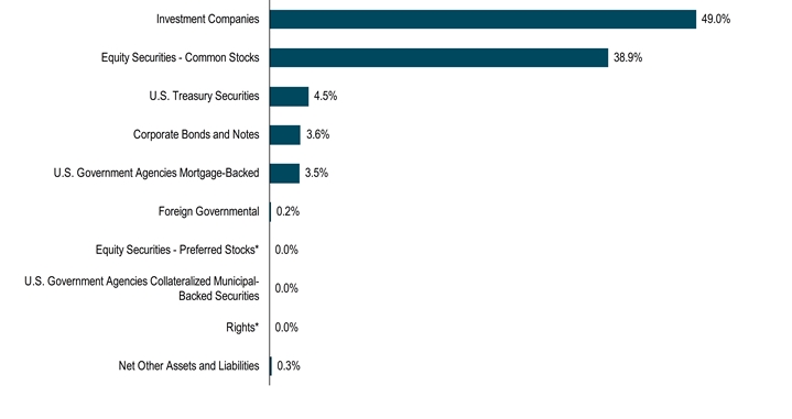 HoldingsByInvestmentTypeData(Net Other Assets and Liabilities:0.3,Rights*:0,U.S. Government Agencies Collateralized Municipal-Backed Securities:0,Equity Securities - Preferred Stocks*:0,Foreign Governmental:0.2,U.S. Government Agencies Mortgage-Backed:3.5,Corporate Bonds and Notes:3.6,U.S. Treasury Securities:4.5,Equity Securities - Common Stocks:38.9,Investment Companies:49)