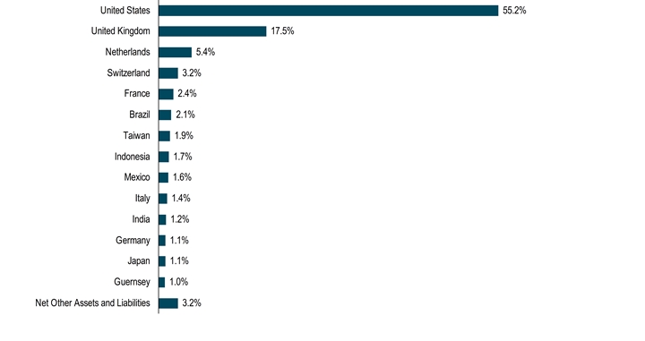 HoldingsByGeographicalRegionData(Net Other Assets and Liabilities:3.2,Guernsey:1,Japan:1.1,Germany:1.1,India:1.2,Italy:1.4,Mexico:1.6,Indonesia:1.7,Taiwan:1.9,Brazil:2.1,France:2.4,Switzerland:3.2,Netherlands:5.4,United Kingdom:17.5,United States:55.2)