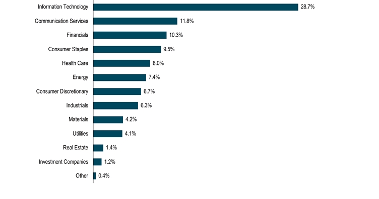 HoldingsByIndustrySectorData(Other:0.4,Investment Companies:1.2,Real Estate:1.4,Utilities:4.1,Materials:4.2,Industrials:6.3,Consumer Discretionary:6.7,Energy:7.4,Health Care:8,Consumer Staples:9.5,Financials:10.3,Communication Services:11.8,Information Technology:28.7)