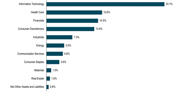 HoldingsByIndustrySectorData(Net Other Assets and Liabilities:0.6,Real Estate:1,Materials:1.3,Consumer Staples:3.6,Communication Services:4.6,Energy:5,Industrials:7.3,Consumer Discretionary:13.4,Financials:14.5,Health Care:15.6,Information Technology:33.1)