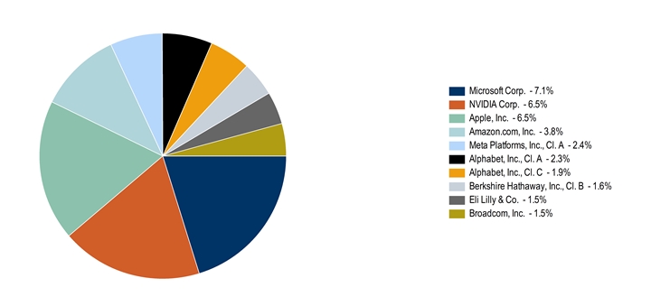 LargestHoldingsData(Microsoft Corp.:7.1,NVIDIA Corp.:6.5,[Apple, Inc.]:6.5,[Amazon.com, Inc.]:3.8,[Meta Platforms, Inc., Cl. A]:2.4,[Alphabet, Inc., Cl. A]:2.3,[Alphabet, Inc., Cl. C]:1.9,[Berkshire Hathaway, Inc., Cl. B]:1.6,Eli Lilly & Co.:1.5,[Broadcom, Inc.]:1.5)