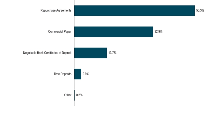 HoldingsByInvestmentTypeData(Other:0.2,Time Deposits:2.9,Negotiable Bank Certificates of Deposit:13.7,Commercial Paper:32.9,Repurchase Agreements:50.3)