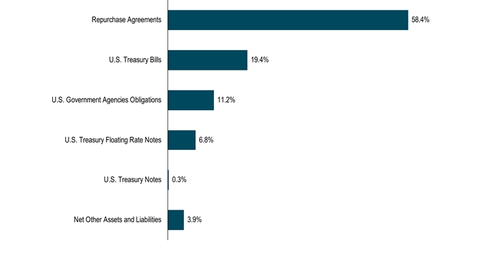 HoldingsByInvestmentTypeData(Net Other Assets and Liabilities:3.9,U.S. Treasury Notes:0.3,U.S. Treasury Floating Rate Notes:6.8,U.S. Government Agencies Obligations:11.2,U.S. Treasury Bills:19.4,Repurchase Agreements:58.4)