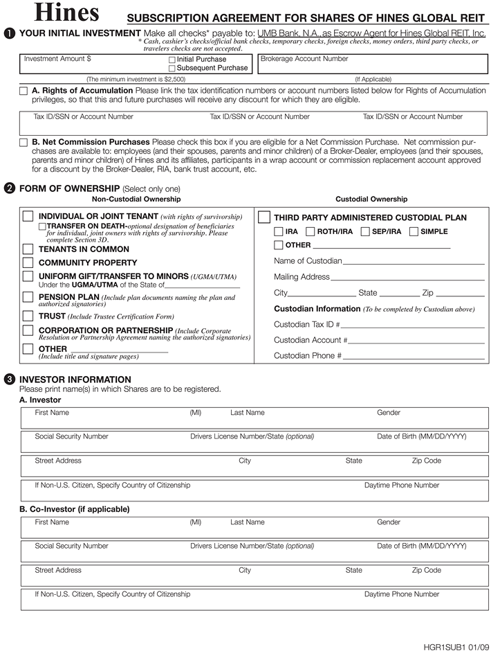 Subscription Agreement Page 1