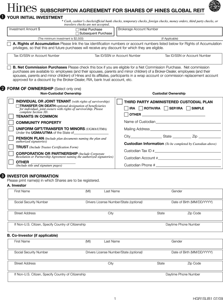 Subscription Agreement Page 1