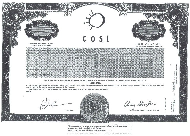 Cosi Certificate Front