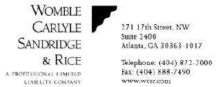 (WOMBLE CARLYLE SANDRIDGE RICE PLLC LETTERHEAD)