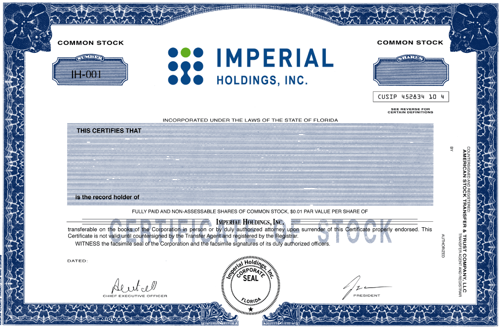 (IMPERIAL HOLDINGS, INC. CERTIFICATE LOGO)