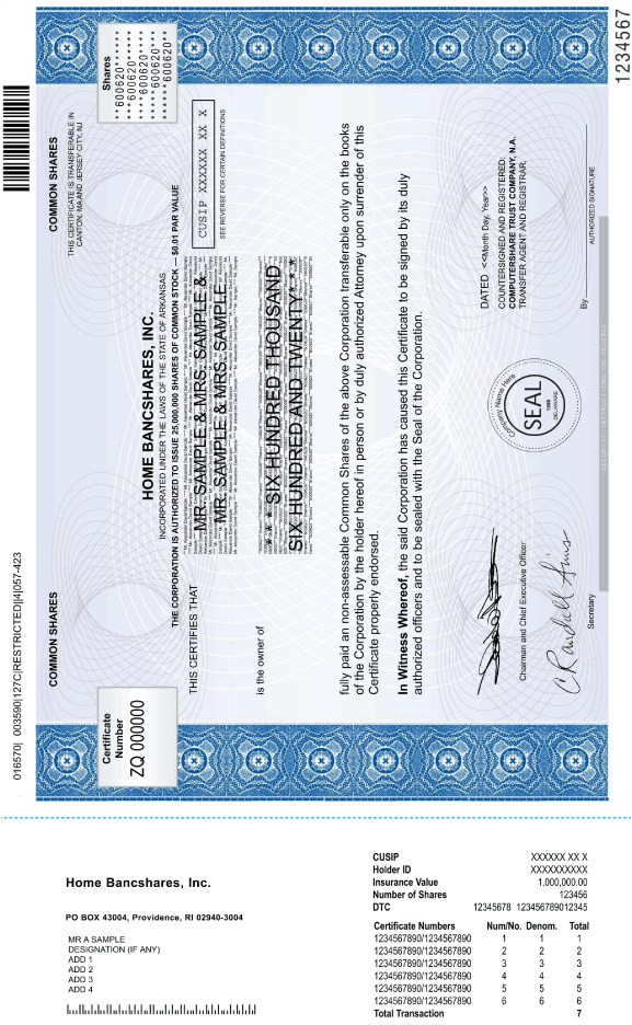 (HOME BANCSHARES STOCK CERTIFICATE)