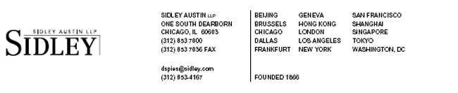 (SIDLEY AUSTIN LLP LETTERHEAD)