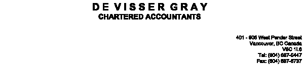 (DE VISSER GRAY LETTERHEAD)