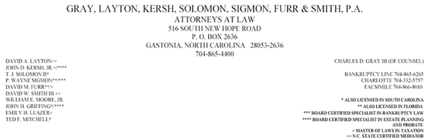 (GRAY, LAYTON, KERSH, SOLOMON, SIGMON, FURR & SMITH, P.A. LETTERHEAD)