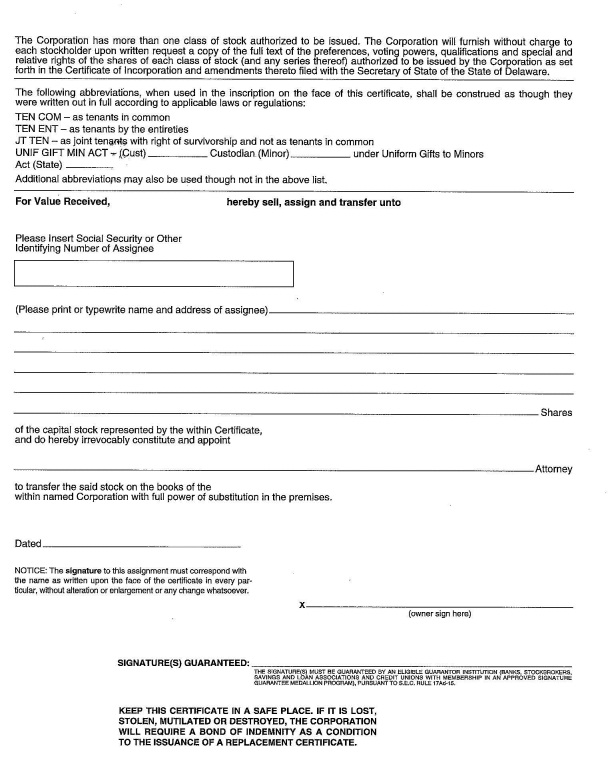 SPECIMEN STOCK CERTIFICATE PAGE 2