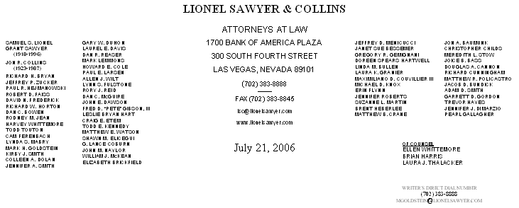 (LIONEL SAWYER & COLLINS LETTERHEAD)