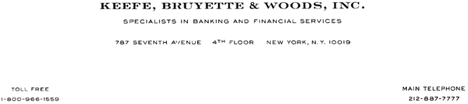 (KEEFE, BRUYETTE & WOODS, INC. LETTERHEAD)