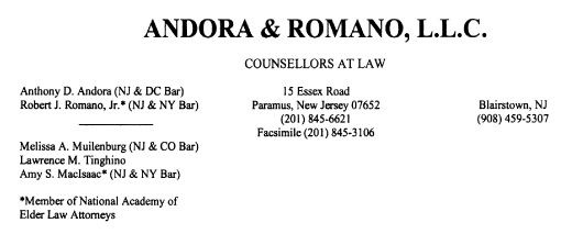 (ANDORA & ROMANO, L.L.C. LETTERHEAD)