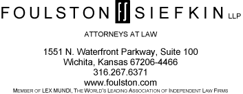 (FOULSTON SIEFKIN LLP LETTERHEAD)