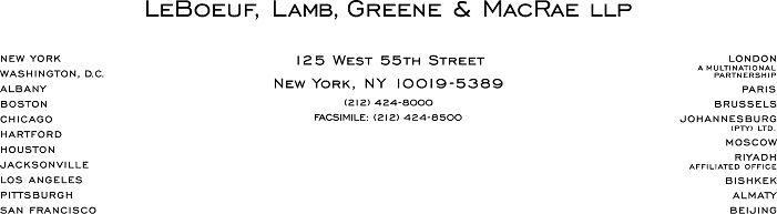 (LEBOEUF, LAMB, GREENE & MACRAE LETTERHEAD)